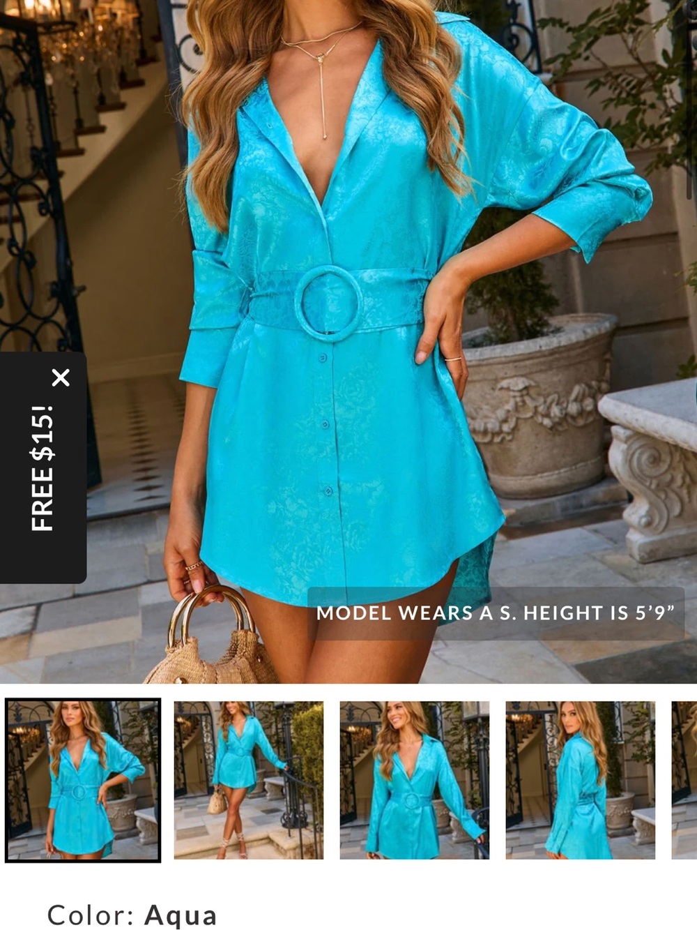 Vici Aqua Long-Sleeve V-Neck Belted Tunic Dress